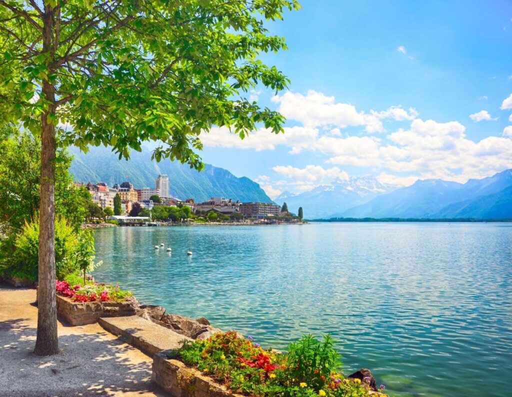 Scenic view of Montreux Promenade along Lake Geneva with colorful flowers, a tree, and the Swiss Alps in the background.