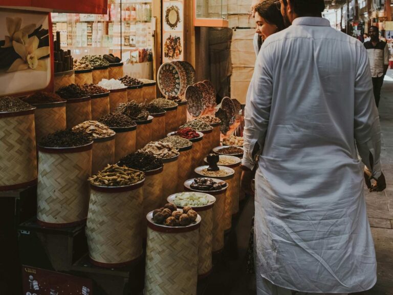Moroccan souk with colorful stalls and daily life