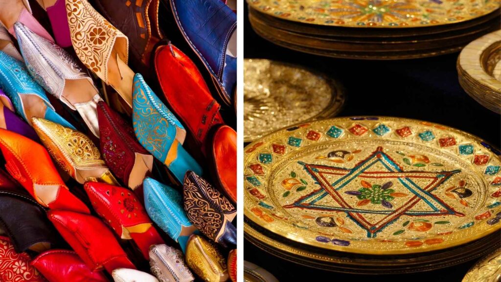 Colorful Moroccan leather slippers (babouches) and handcrafted metal trays in the Fes medina