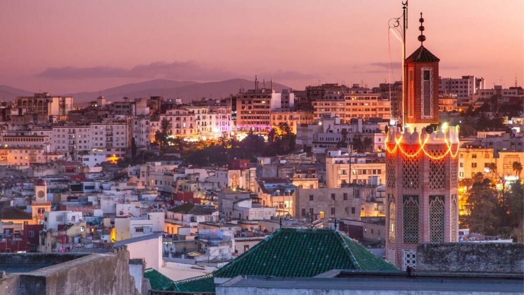 Tangier kasbah and coastline skyline during sunset