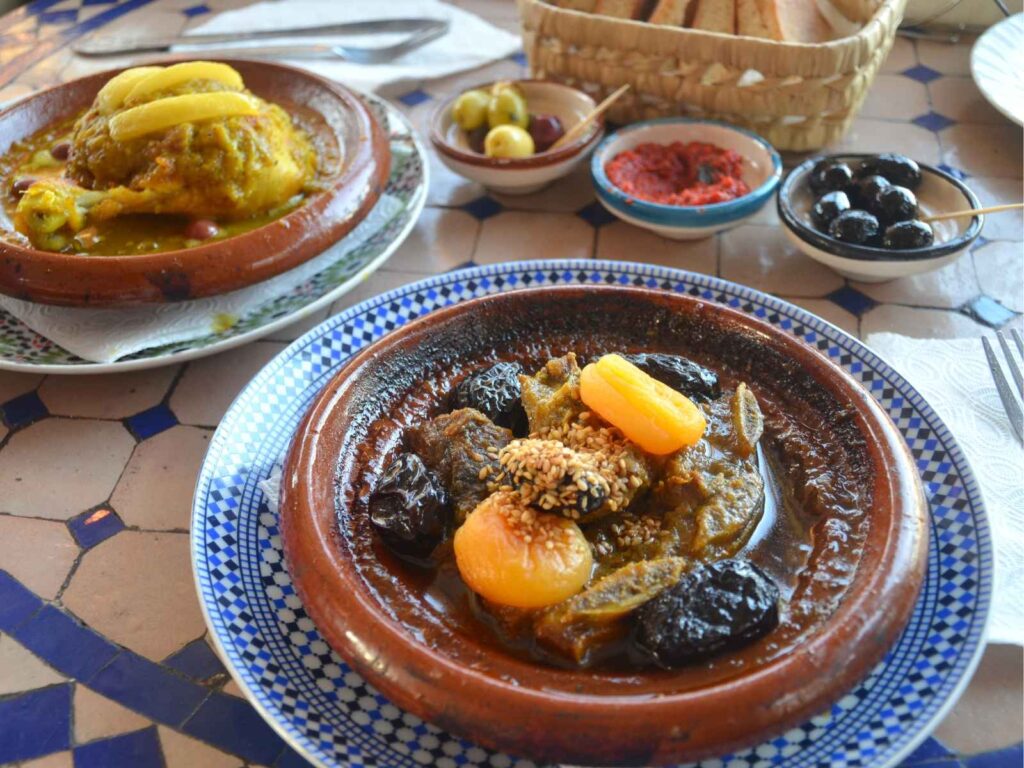 Traditional Moroccan tagine with dried fruits and spices