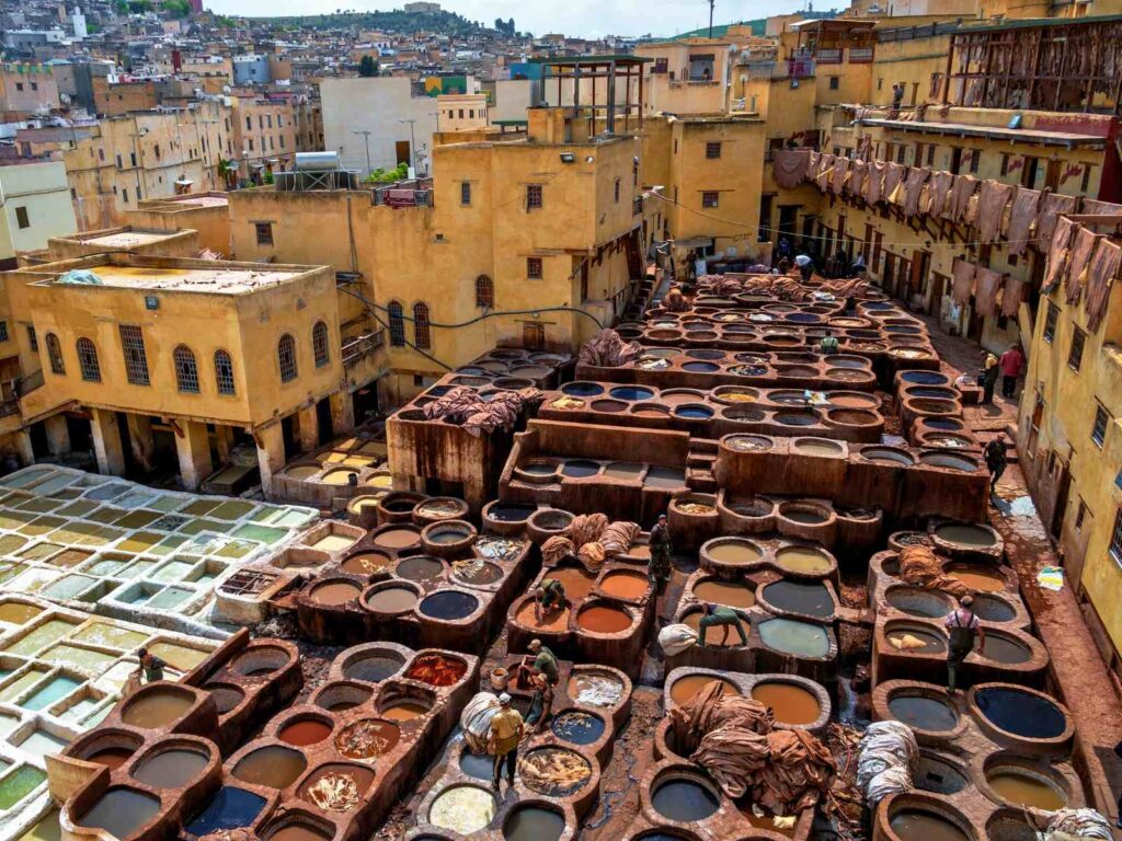 Chouara tannery in the Fes medina showing traditional leather dyeing vats