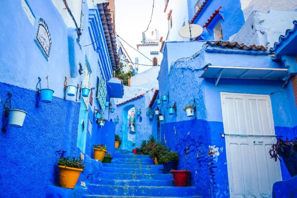 Blue painted alley in Chefchaouen medina Morocco