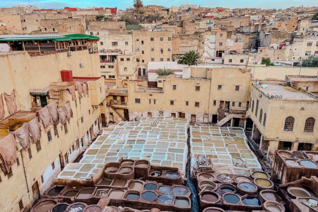 Chouara Tannery in Fes medina with traditional leather dyeing pits