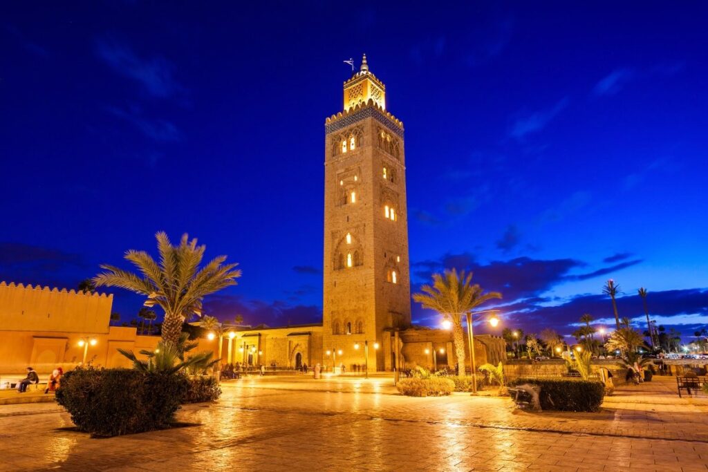 Koutoubia Mosque in Marrakech illuminated at night