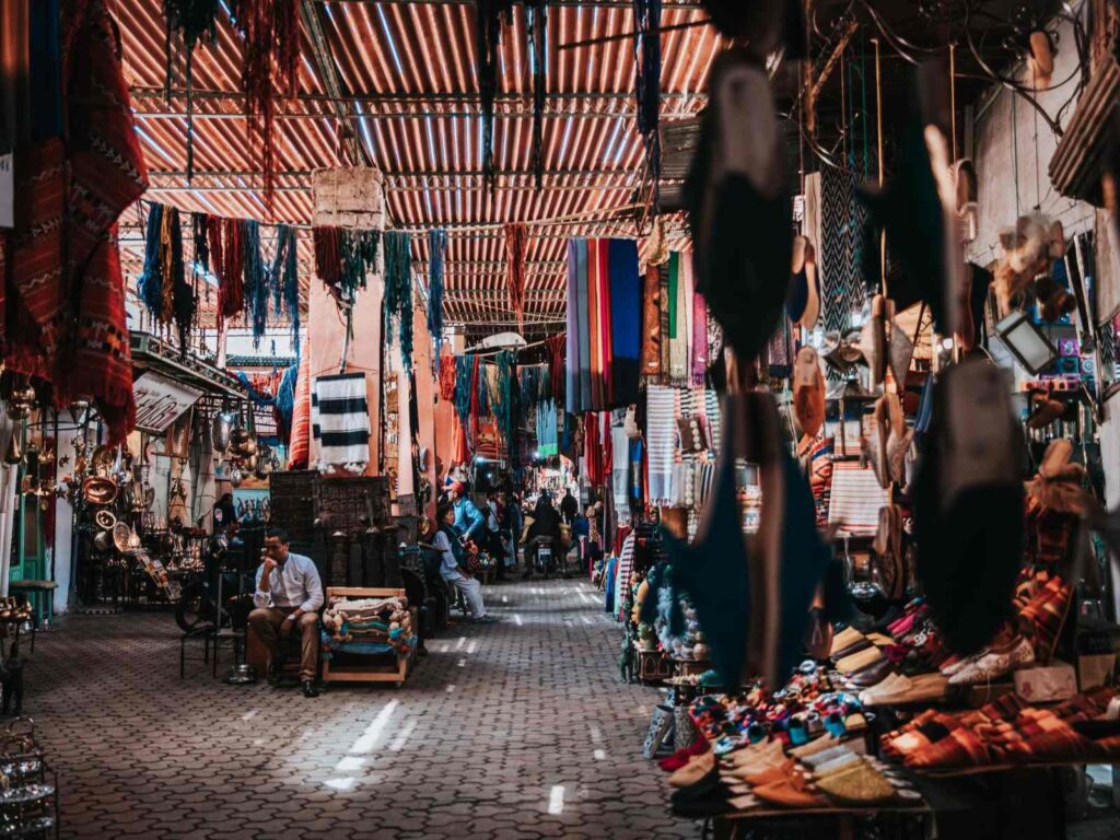 Traditional souks inside the Marrakech medina shown in this Marrakech travel guide