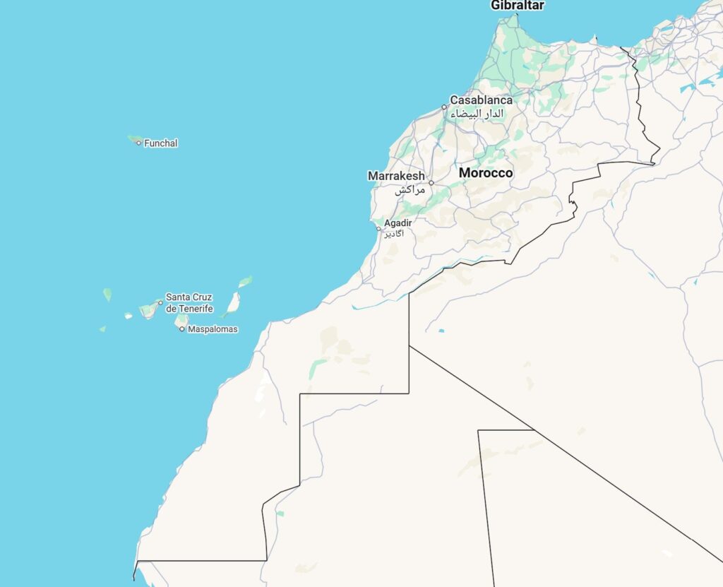 Map of Morocco showing major cities including Marrakech, Agadir and Casablanca